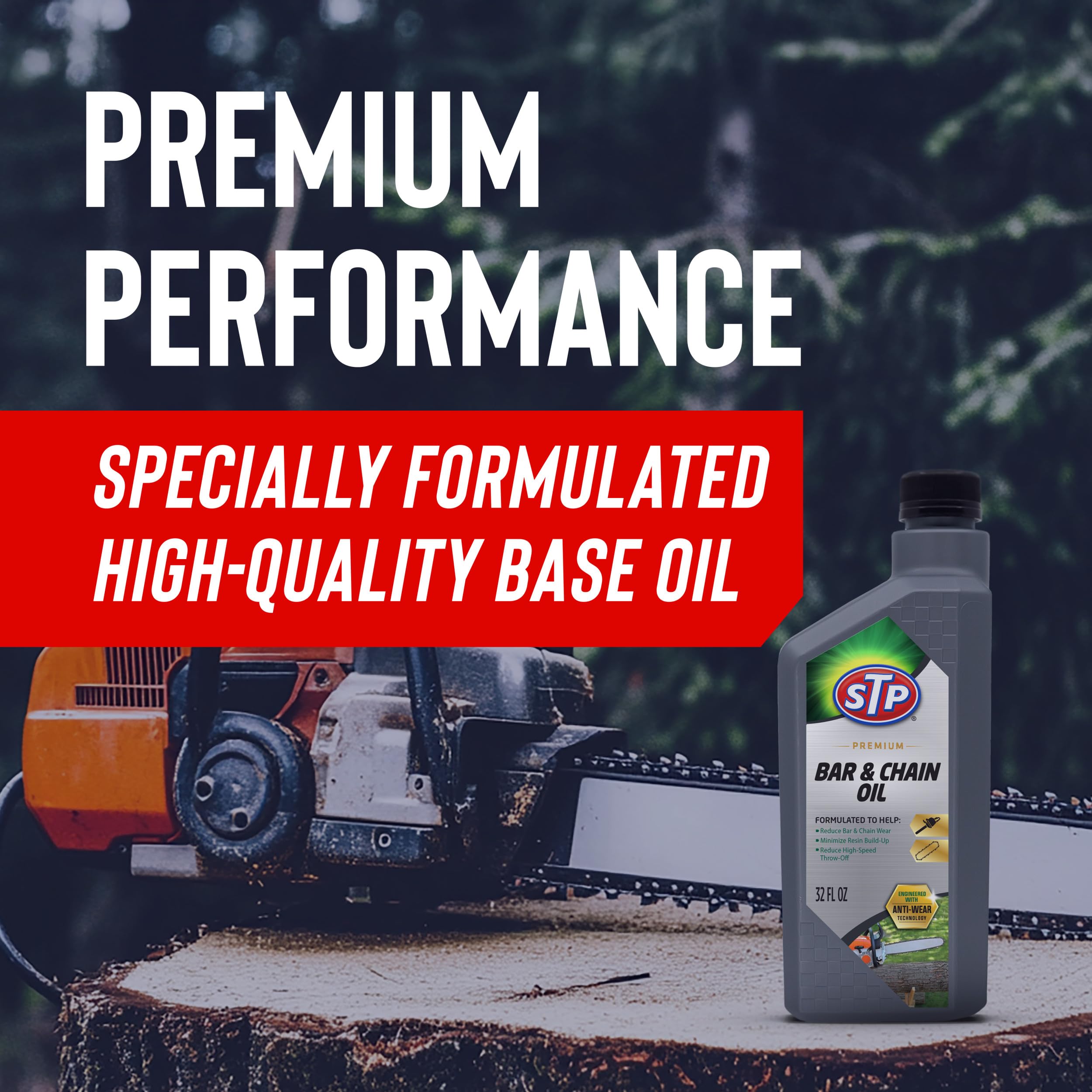 Label on STP Premium Bar and Chain Oil highlights ready-to-use formula