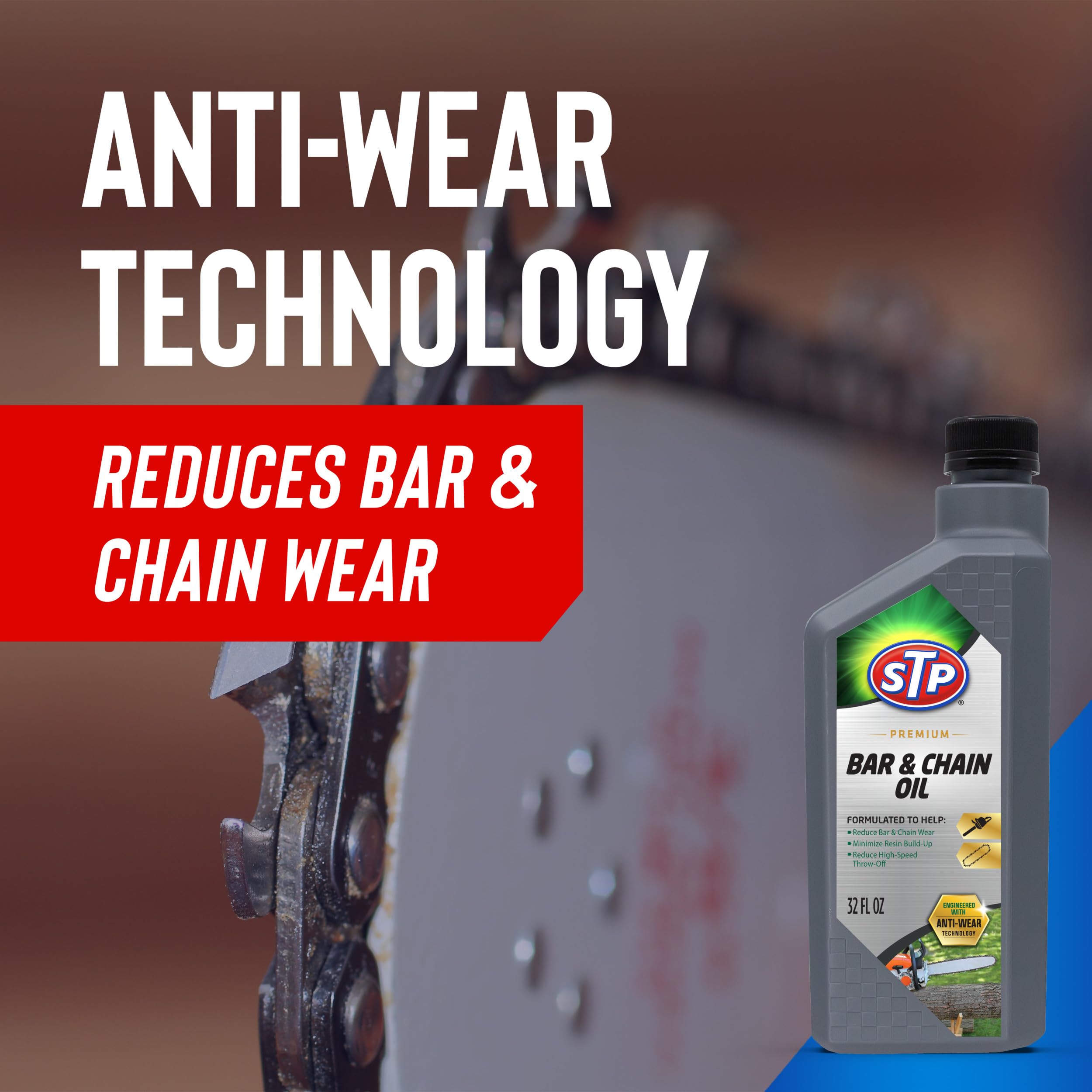 Close-up of STP oil applying tackifier film to bar and chain for less throw-off