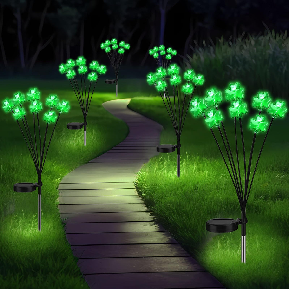 Strackvial Shamrock Pathway Light front view with warm green glow for outdoor decor