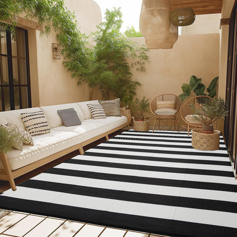 Strickland Home outdoor rug with heat-treated edges to resist fraying.