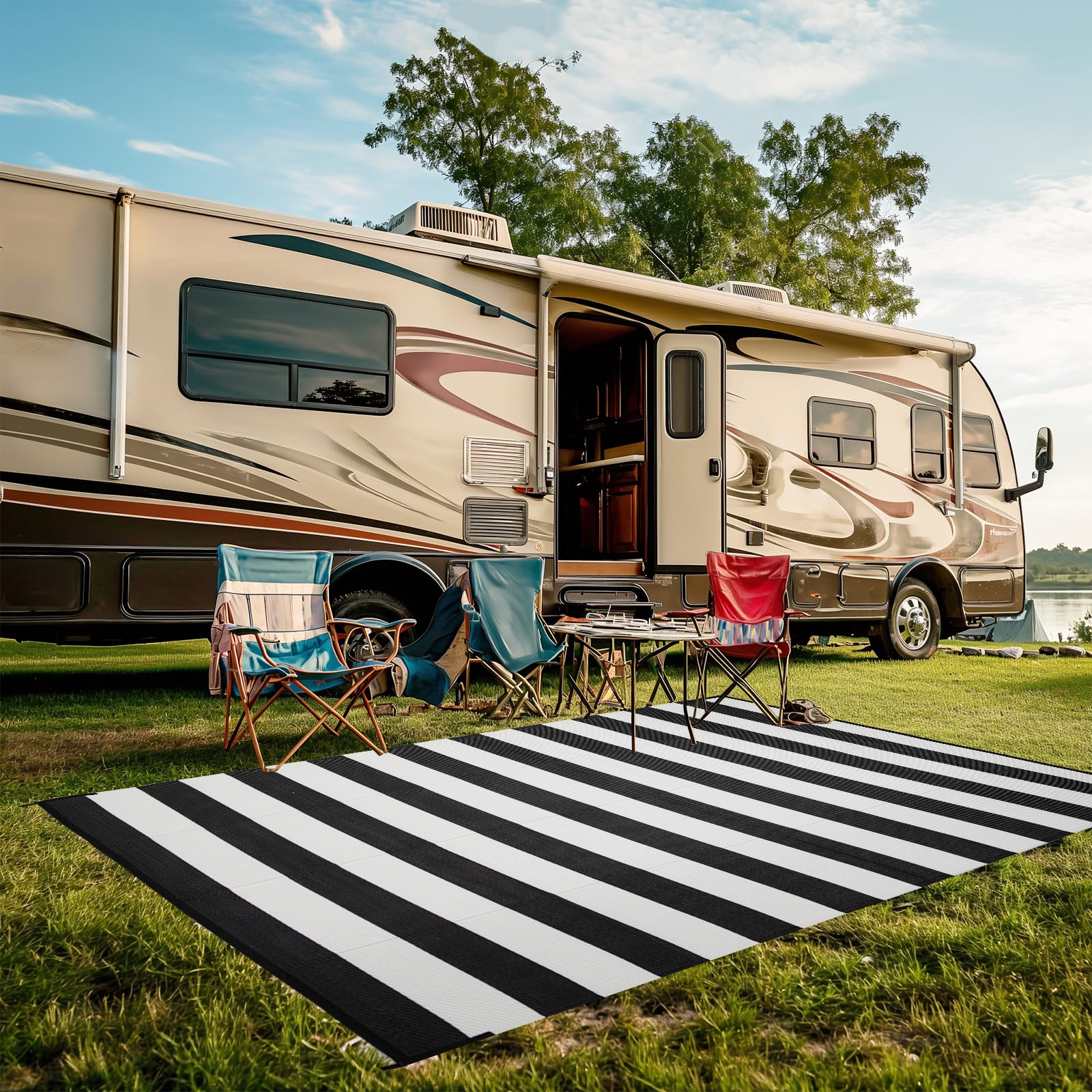 Strickland Home outdoor rug lightweight and foldable with carrying bag for transport.