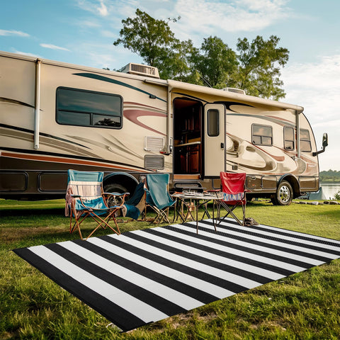 Strickland Home outdoor rug lightweight and foldable with carrying bag for transport.
