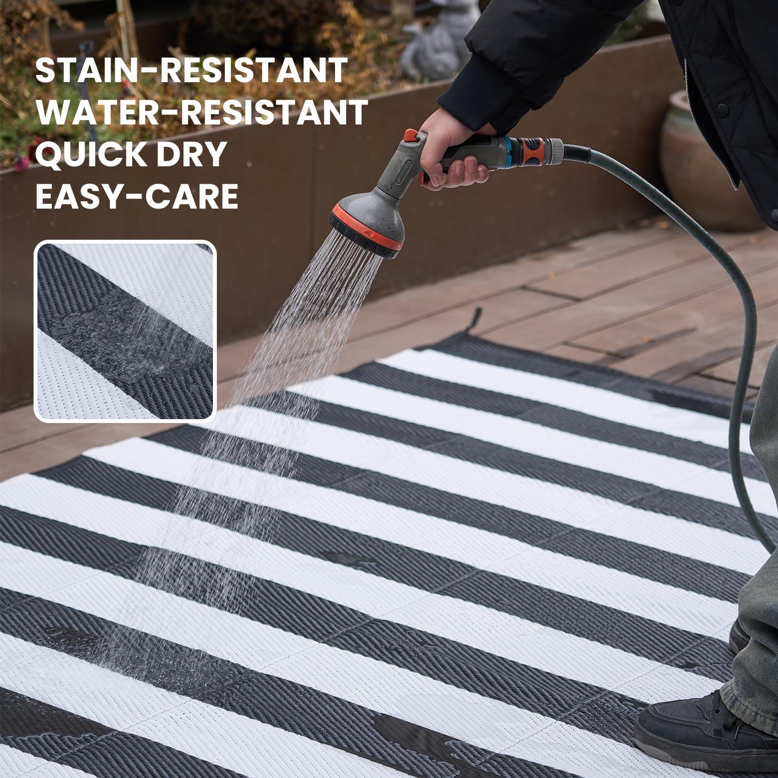 Strickland Home outdoor rug waterproof patio—suitable for decks, porches, and beaches.