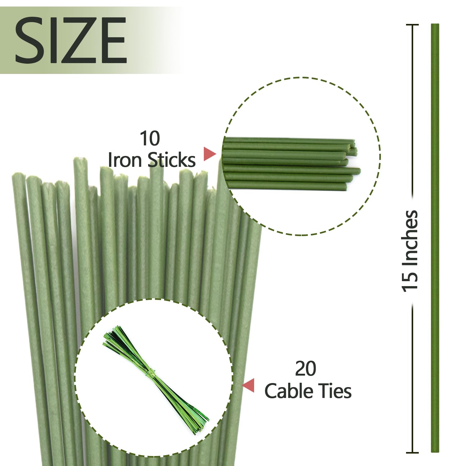 Stroller green-coated metal stake stands in garden, supporting plants.