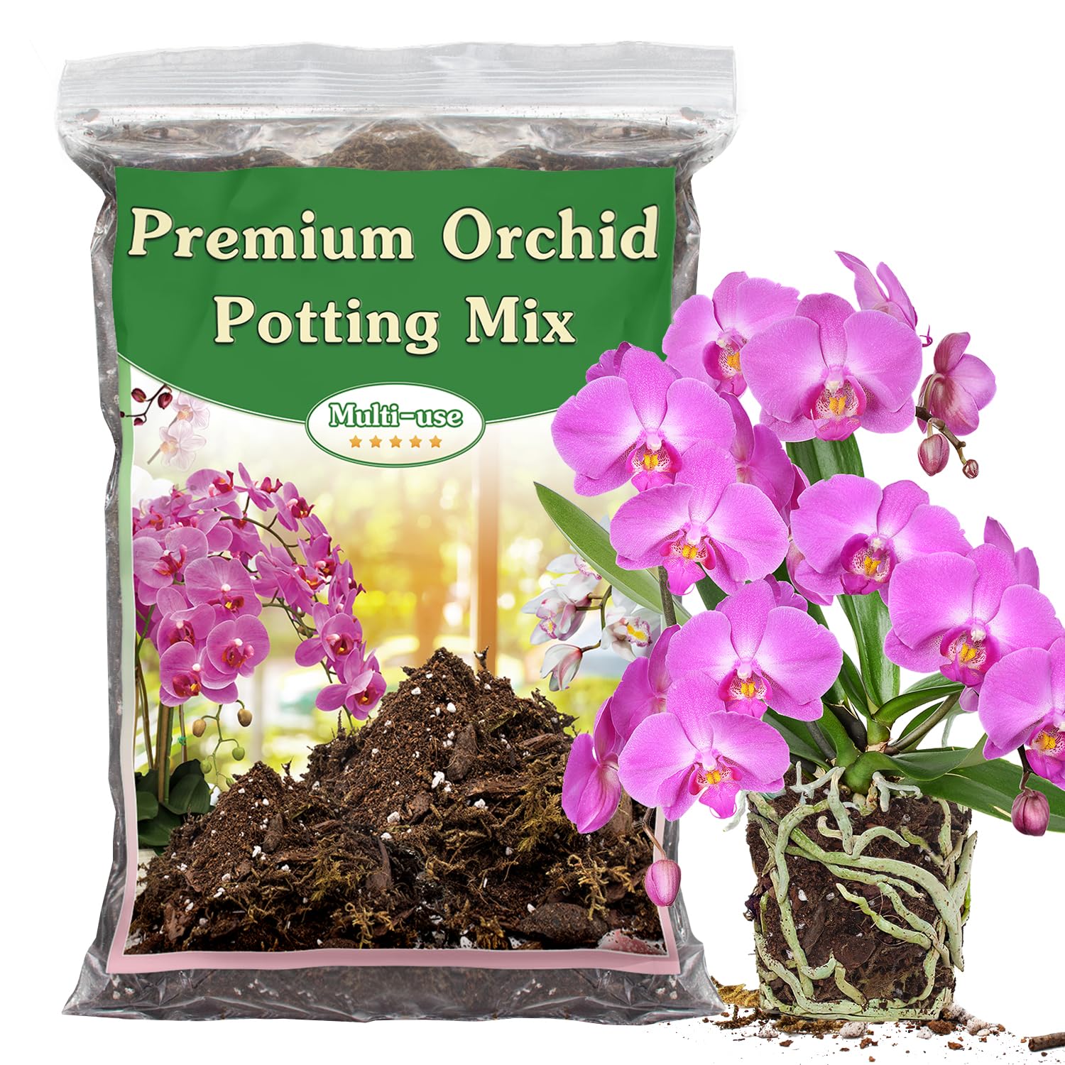 Stroller Orchid Potting Mix bag close-up showing a premium blend for orchid roots