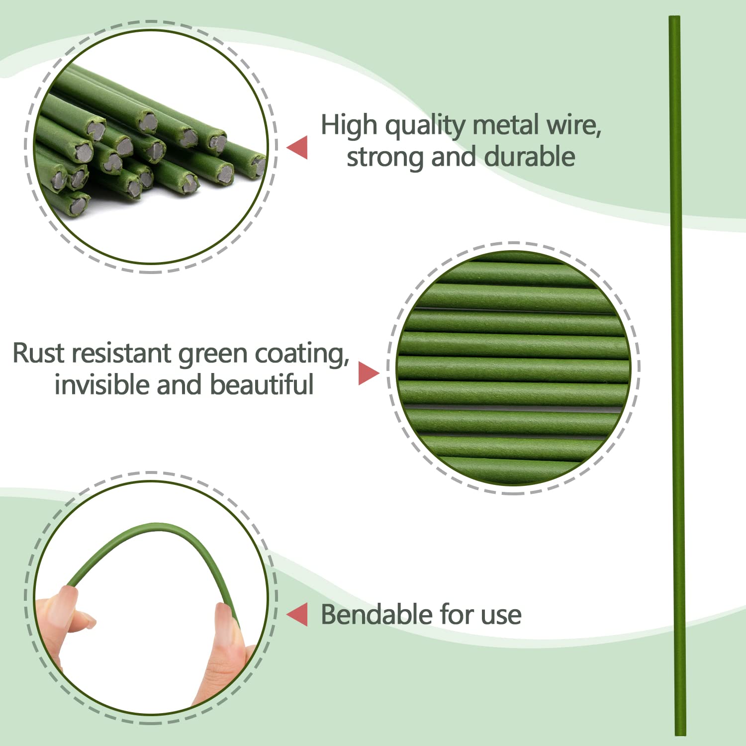 Stroller plant stake with green coating provides rust protection for garden use