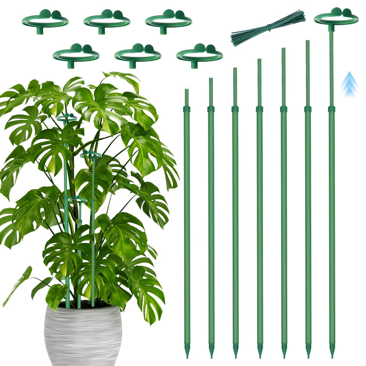 Stroller telescoping plant stakes provide adjustable support for tall plants.