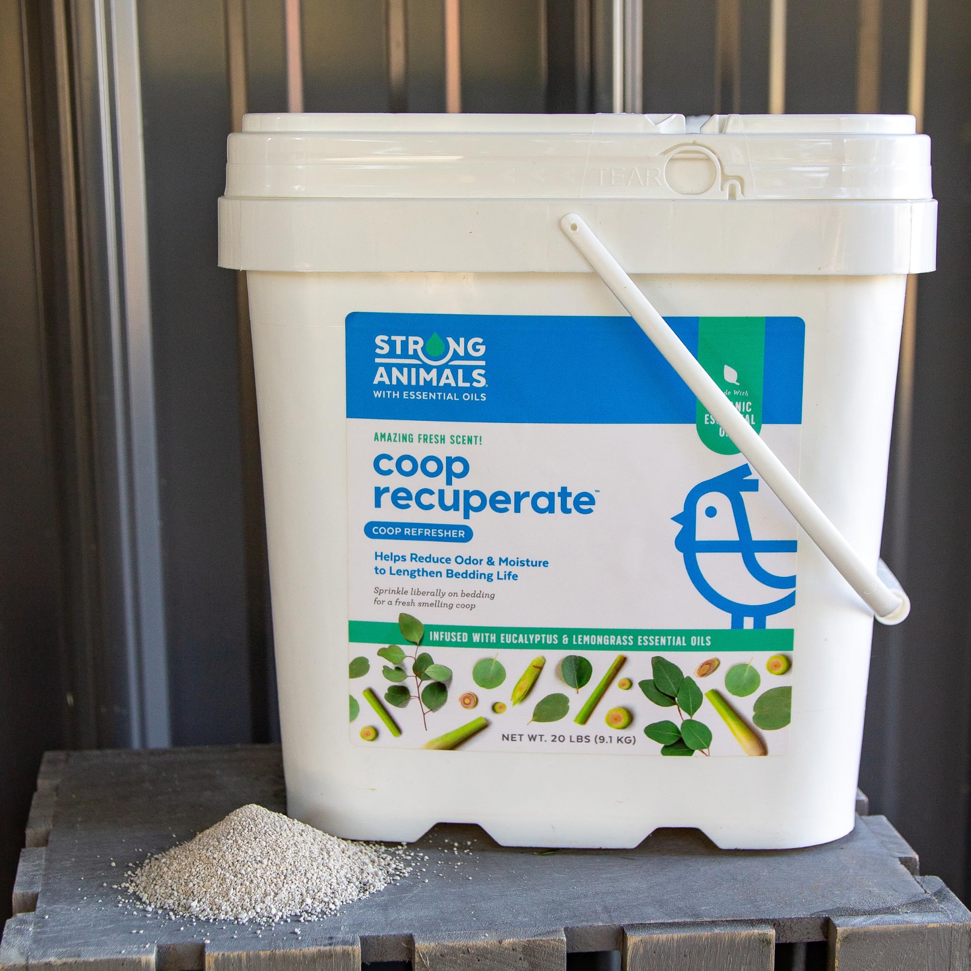 Strong Animals Coop Recuperate label highlights eucalyptus and lemongrass oils.