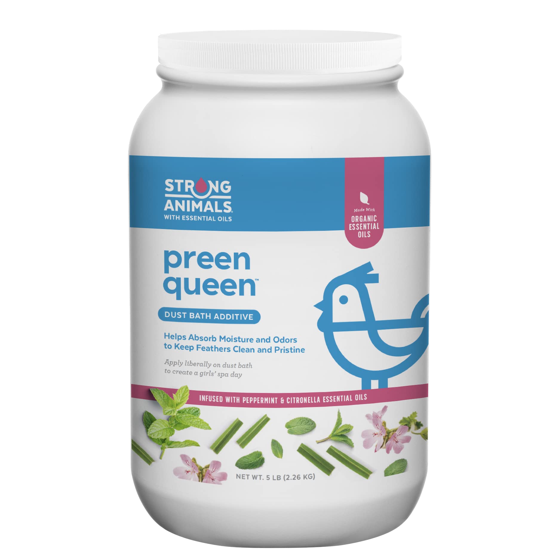 Strong Animals Preen Queen dust bath jar for feathers cleanliness and odor control.