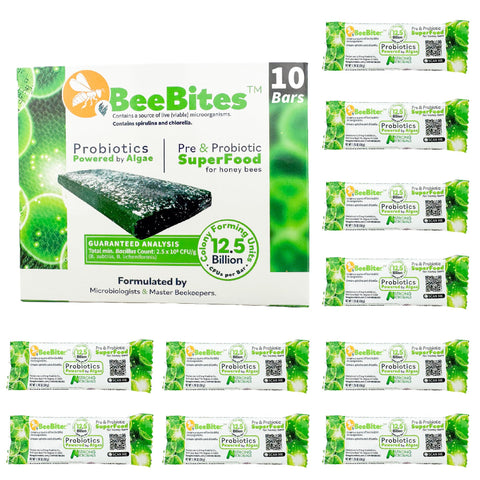 STRONG MICROBIALS BeeBites bar on the hive top bar supports hive vitality and ease of use.