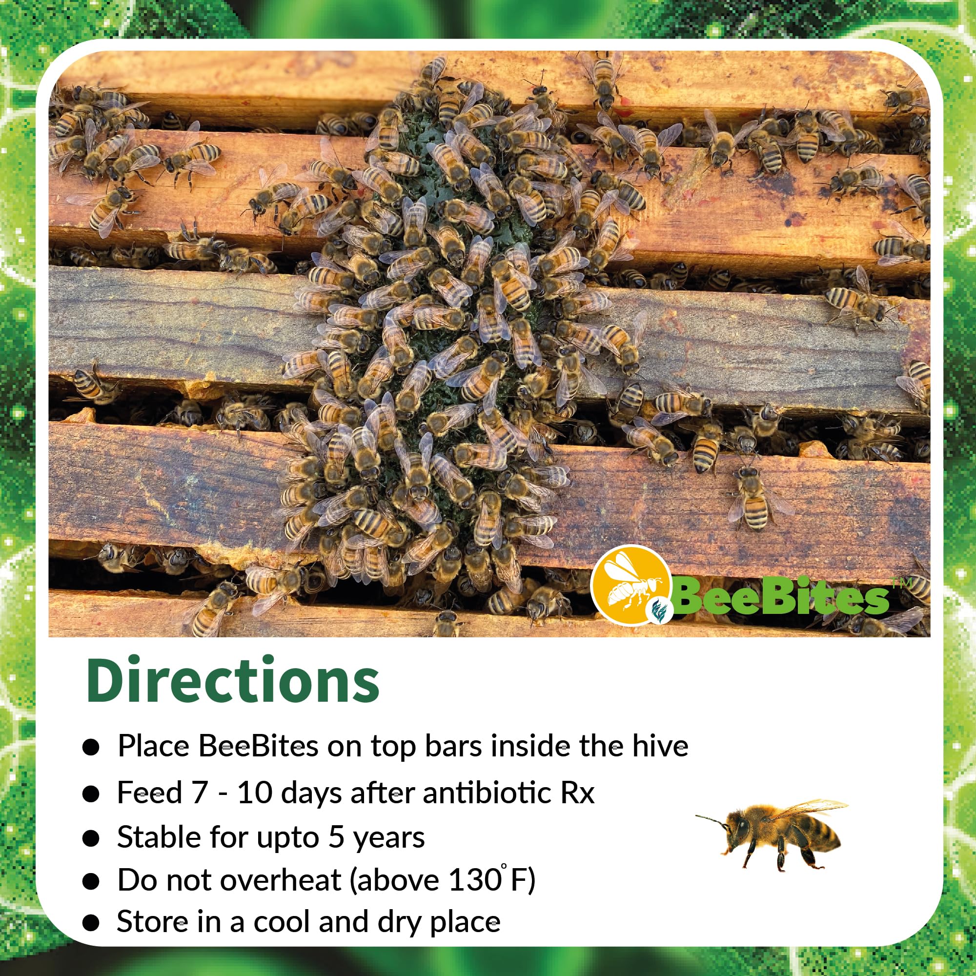 STRONG MICROBIALS BeeBites packaging communicates natural energy for productive hives.