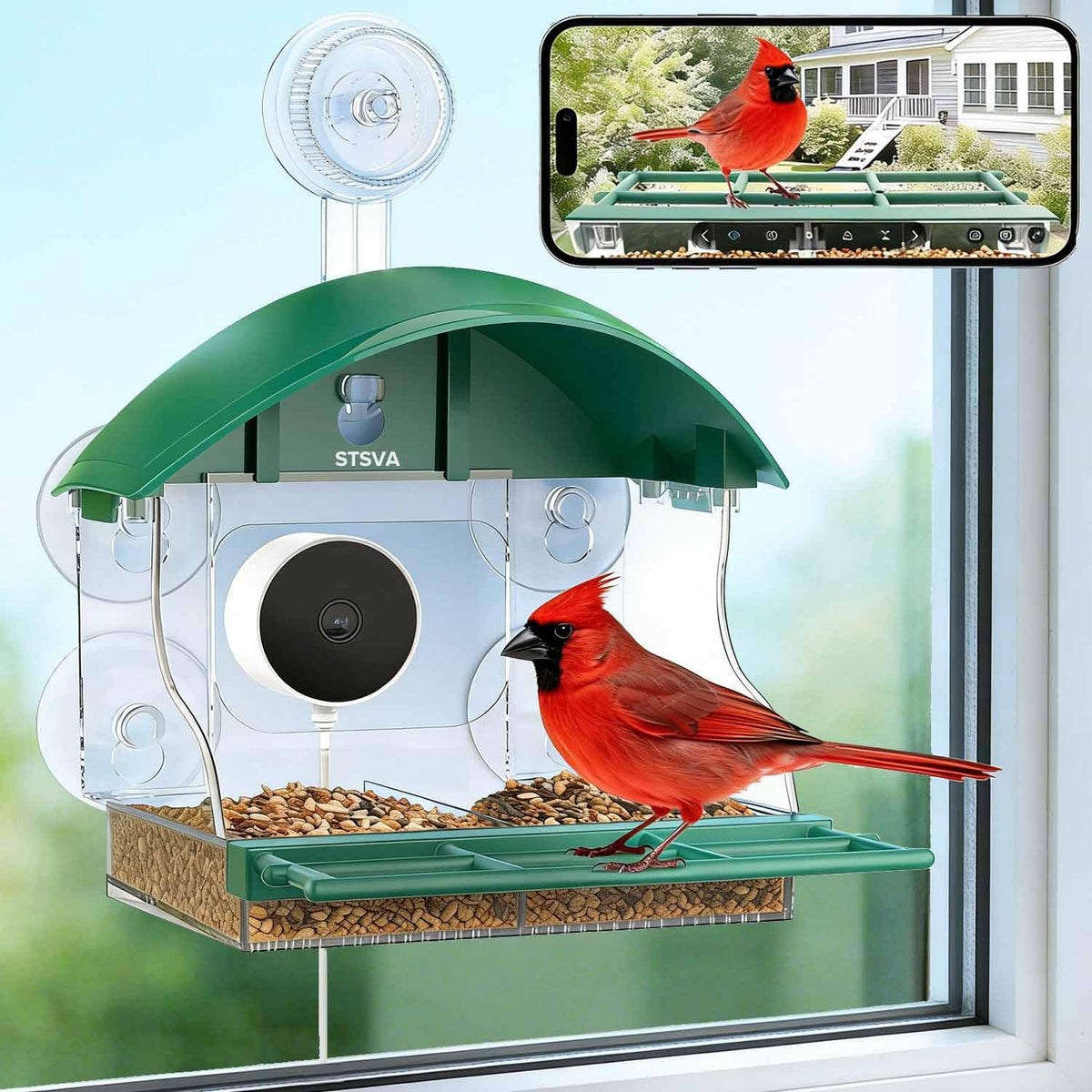 STSVA window bird feeder front view with 2K camera for clear birdwatching.