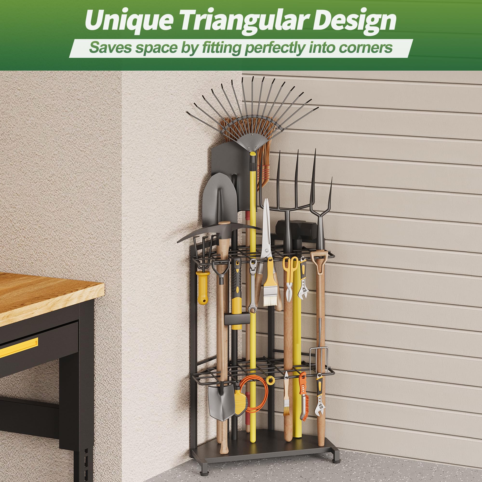 Sttoraboks corner organizer side view demonstrates compact footprint for shed storage