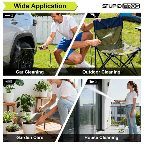 StupidFrog pressure washer with 4-in-1 nozzle for multi-surface cleaning.