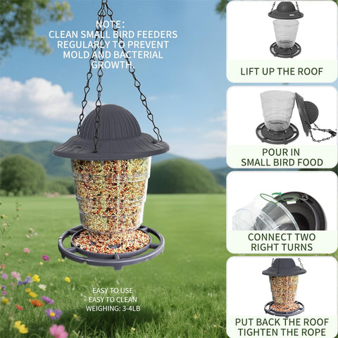 STWPYL Small Bird Feeder's squirrel-resistant top helps keep seeds safe outdoors
