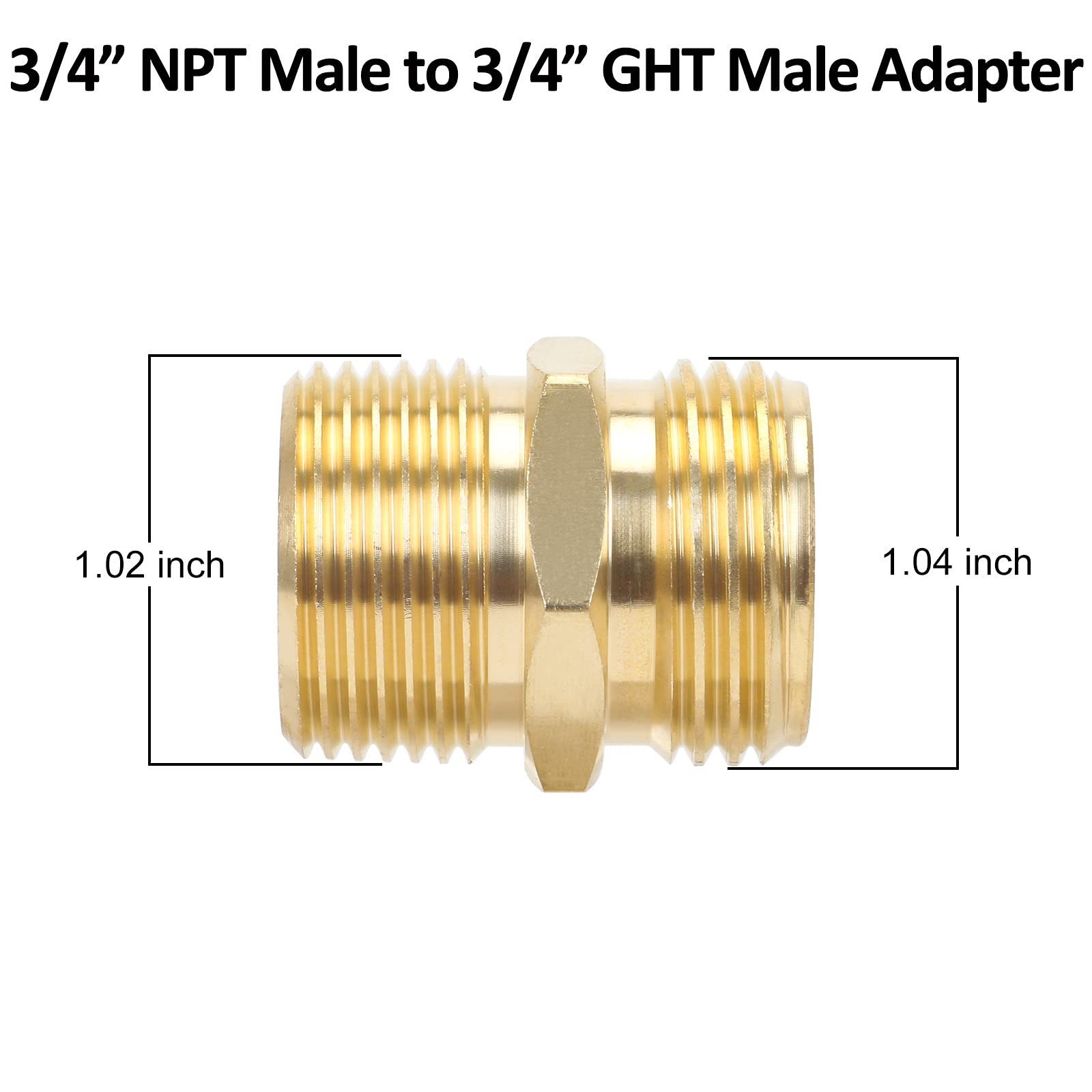 STYDDI brass GHT to NPT adapter with filters and gaskets highlights leak-free performance and extra washers.