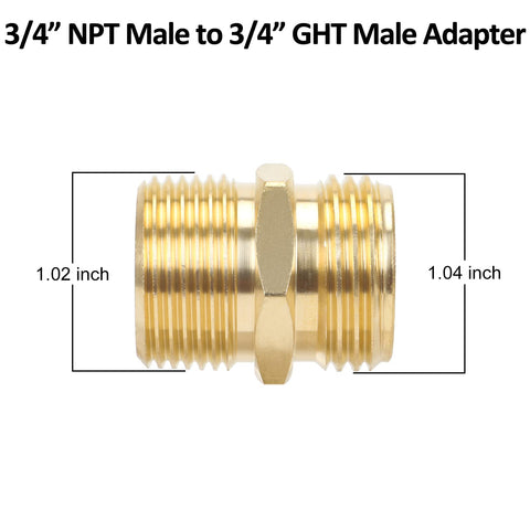 STYDDI brass GHT to NPT adapter with filters and gaskets highlights leak-free performance and extra washers.