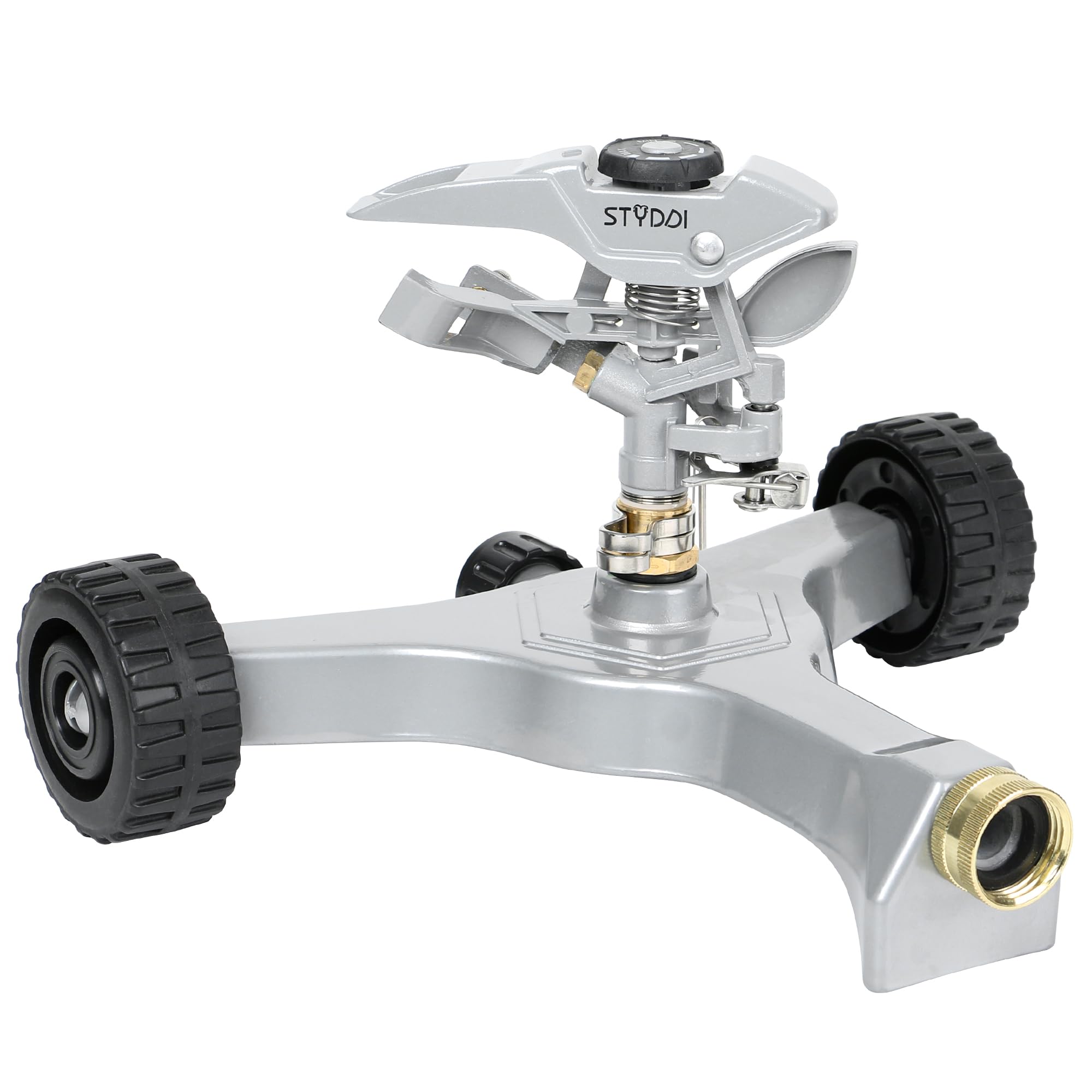STYDDI metal pulsating sprinkler with wheeled base, side view for stable, mobile irrigation.