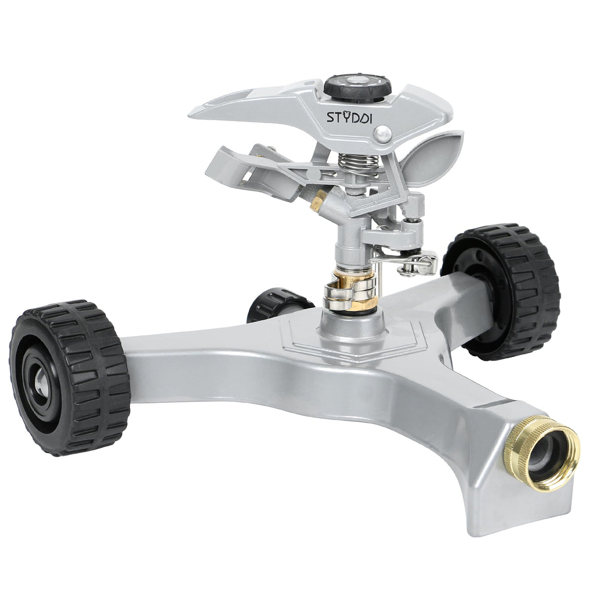 STYDDI metal pulsating sprinkler with wheeled base, side view for stable, mobile irrigation.