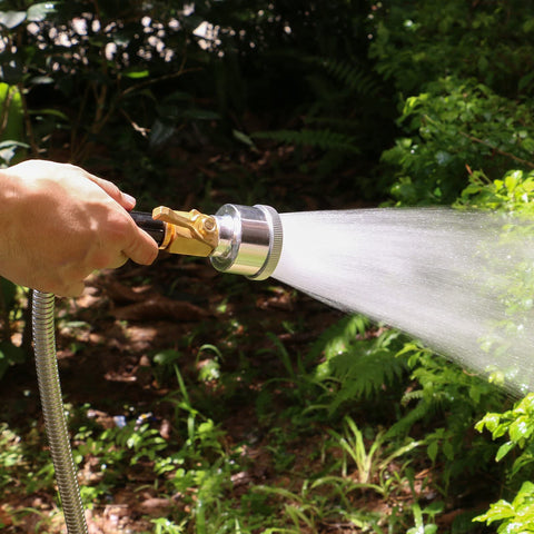 STYDDI outdoor garden hose setup featuring shut-off valve
