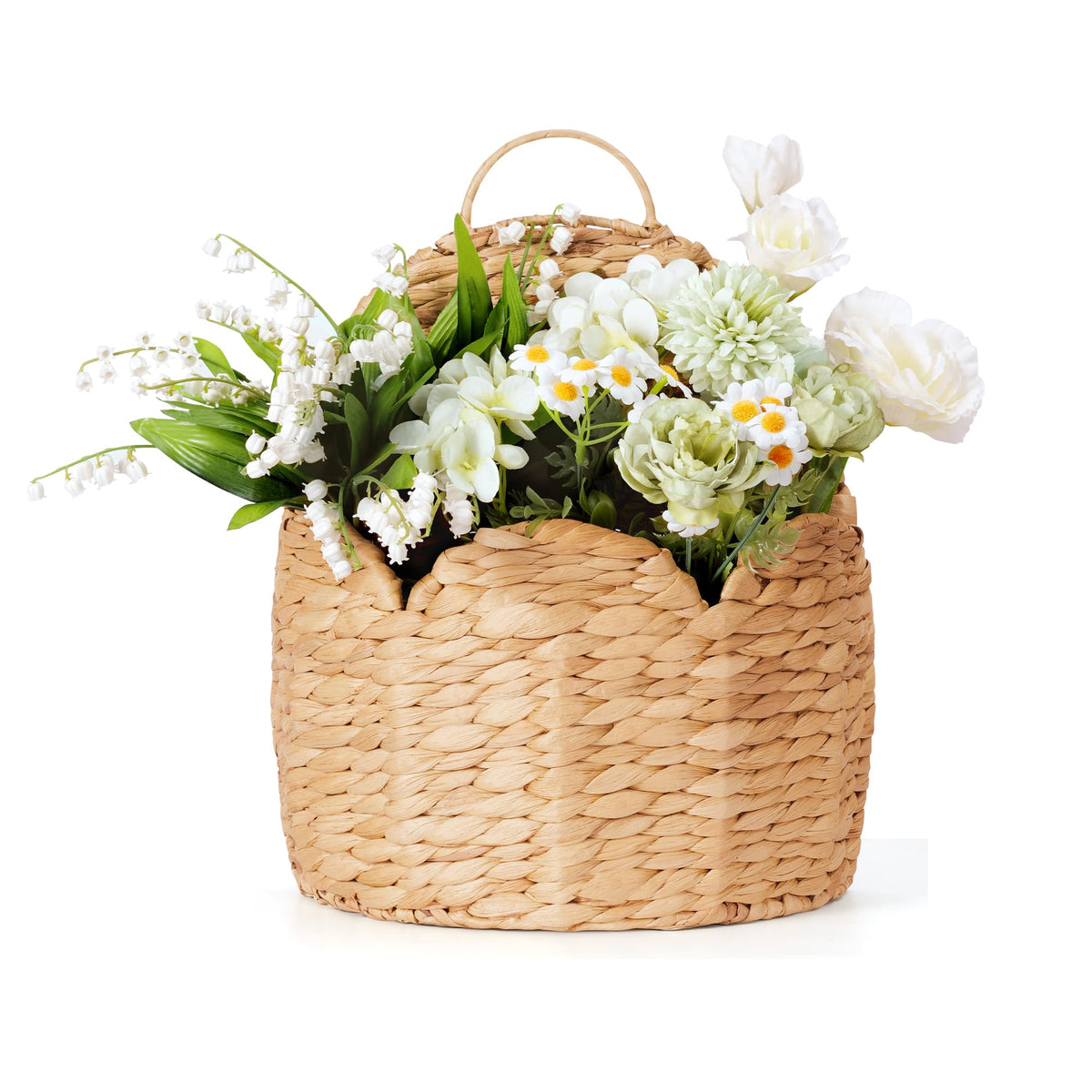 Stylave door basket with scalloped edge enhances entryway organization.