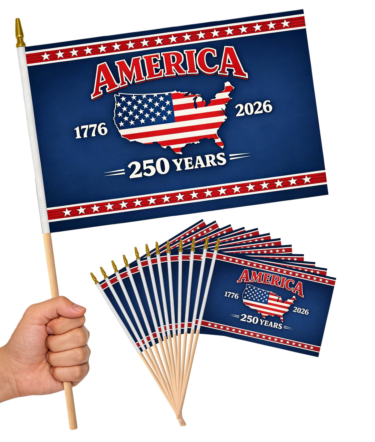 Style-A Flag 12-pack small American flags on sticks, ideal for parades and desk displays.