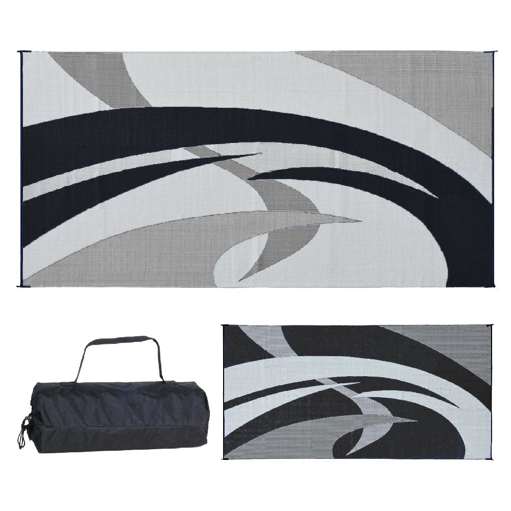 Stylish Camping reversible mat folded for compact storage with carry bag included.