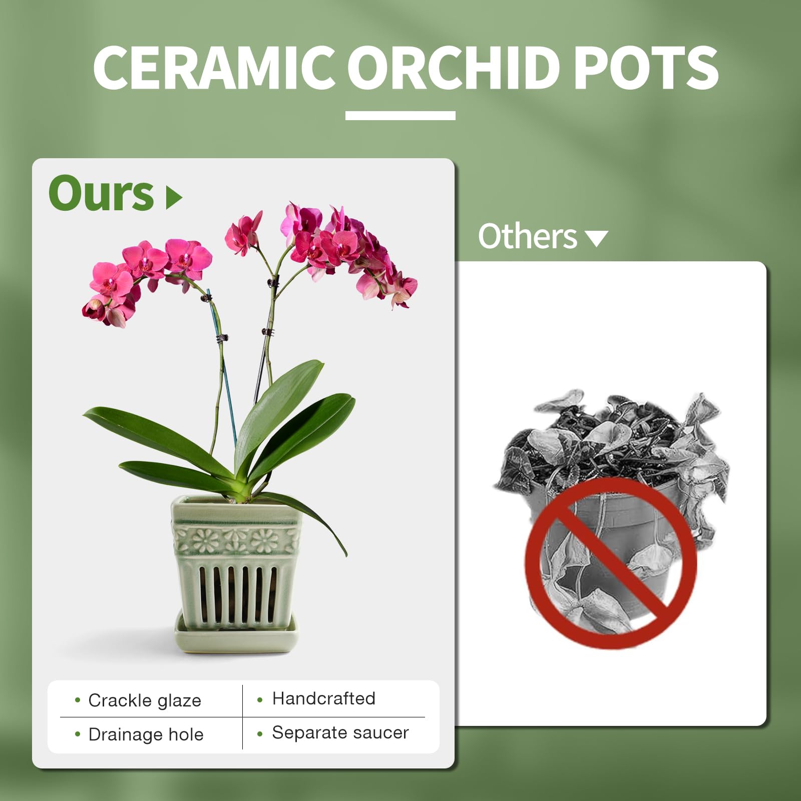 SUADEN glazed orchid pot green interior view showing smooth glaze and airflow.