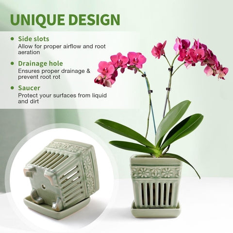 SUADEN orchid pots with holes green side carving pattern highlighting design and ventilation.