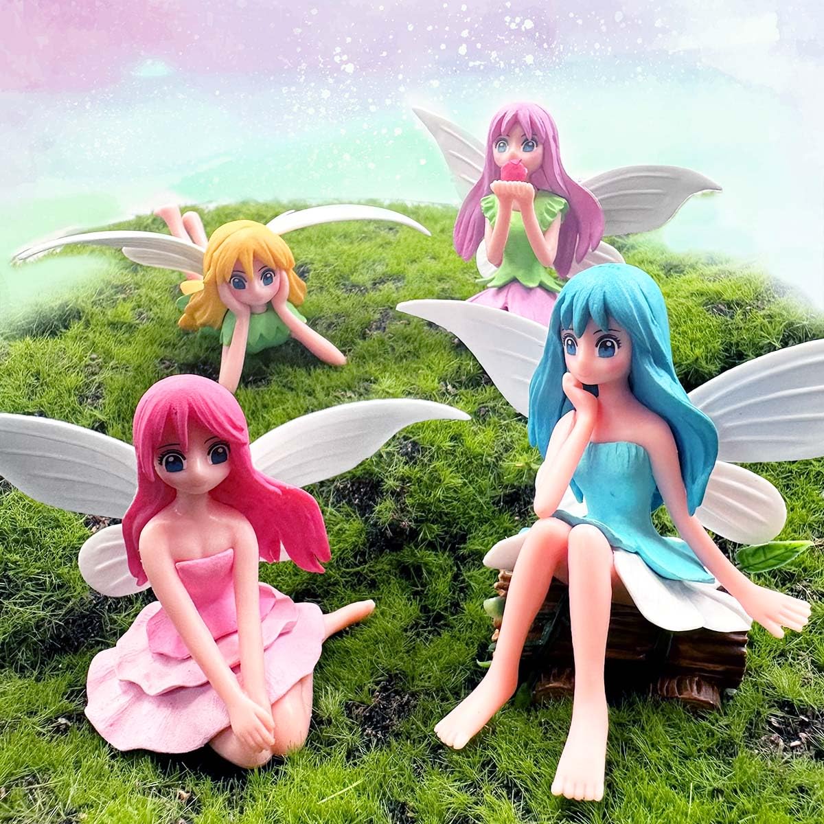 Suartus miniature fairy figurines in purple for DIY fairy garden decoration and whimsical displays.