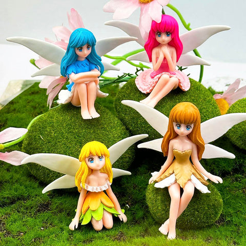 Suartus miniature fairy figurines in four colors for fairy garden displays.