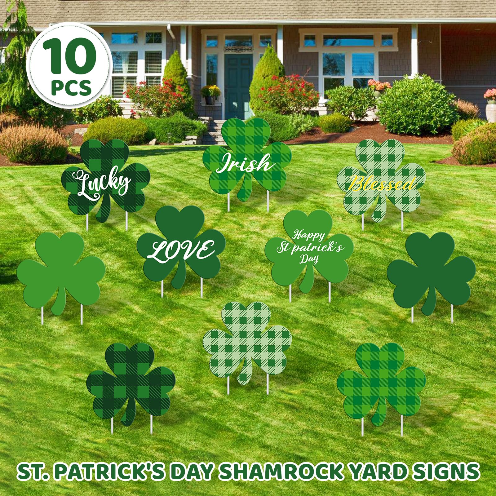 Subacy yard sign close-up with bright green shamrock pattern.