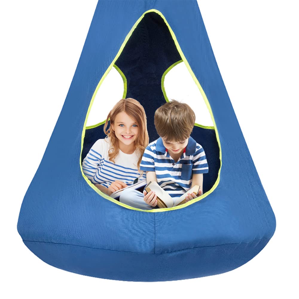 SUCHDECO Kids Nest Swing Chair blue, front view, cozy reading nook for kids