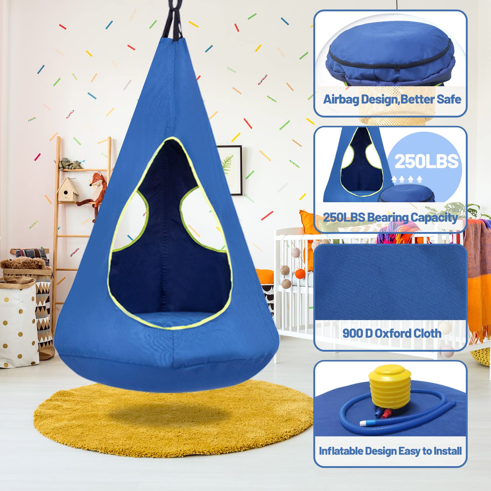 SUCHDECO Kids Nest Swing Chair blue, side view, safe indoor/outdoor play