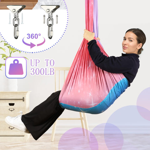 Suchdeco Sensory Swing supports up to 300lbs for kids and adults.