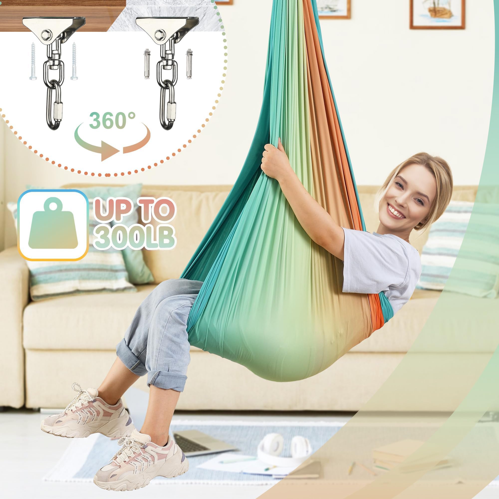 Suchdeco Sensory Swing supports up to 300 lbs for kids and adults.
