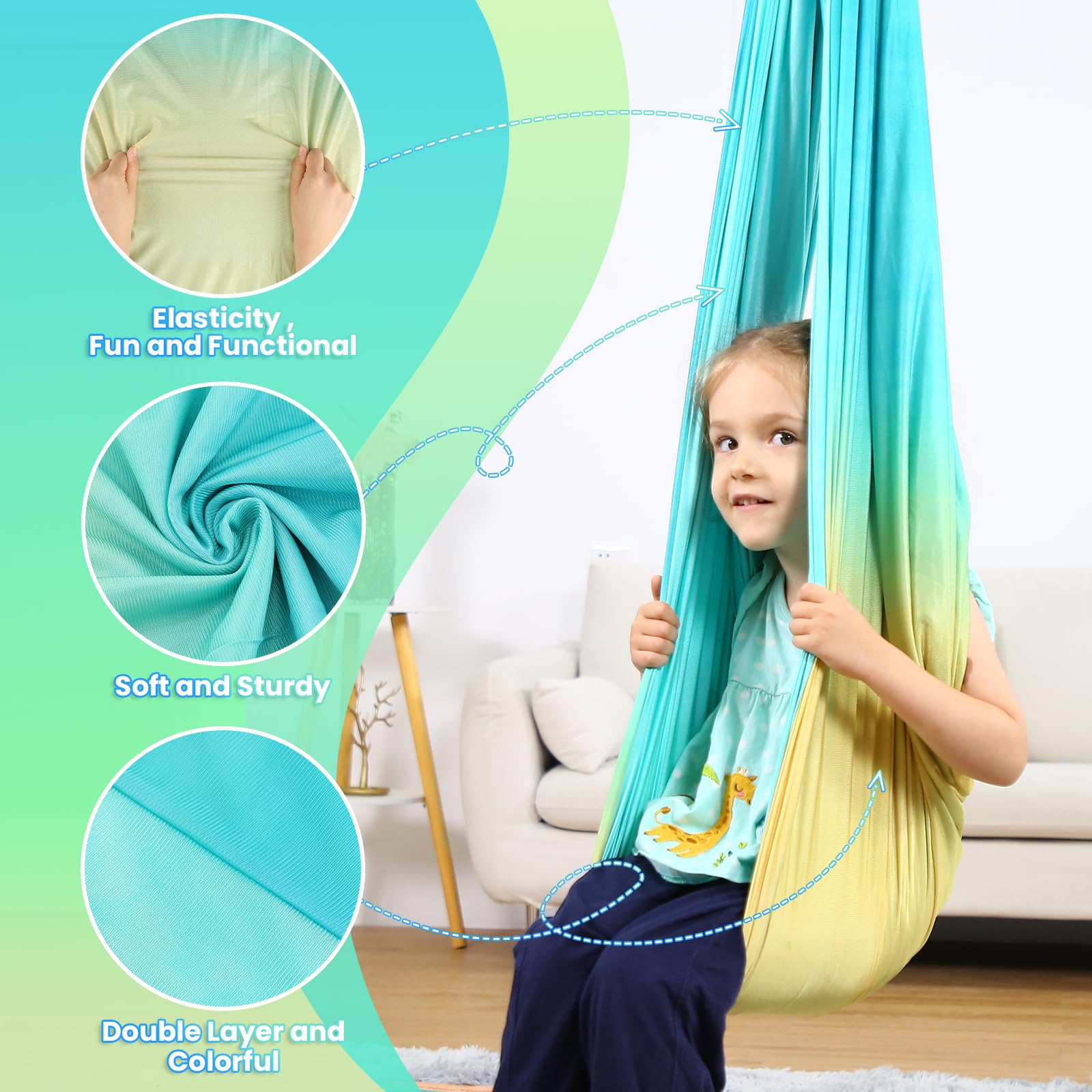 Suchdeco Sensory Swing diseño tipo abrazo para estabilidad y comodidad.