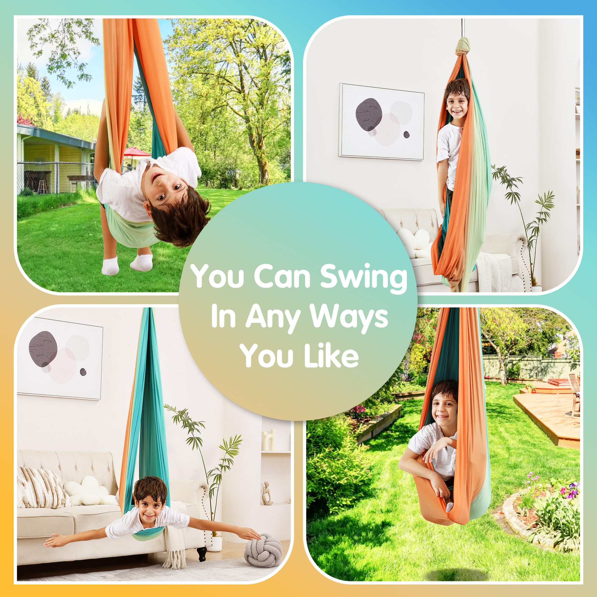 Suchdeco Sensory Swing can be installed indoors or outdoors for flexible use.