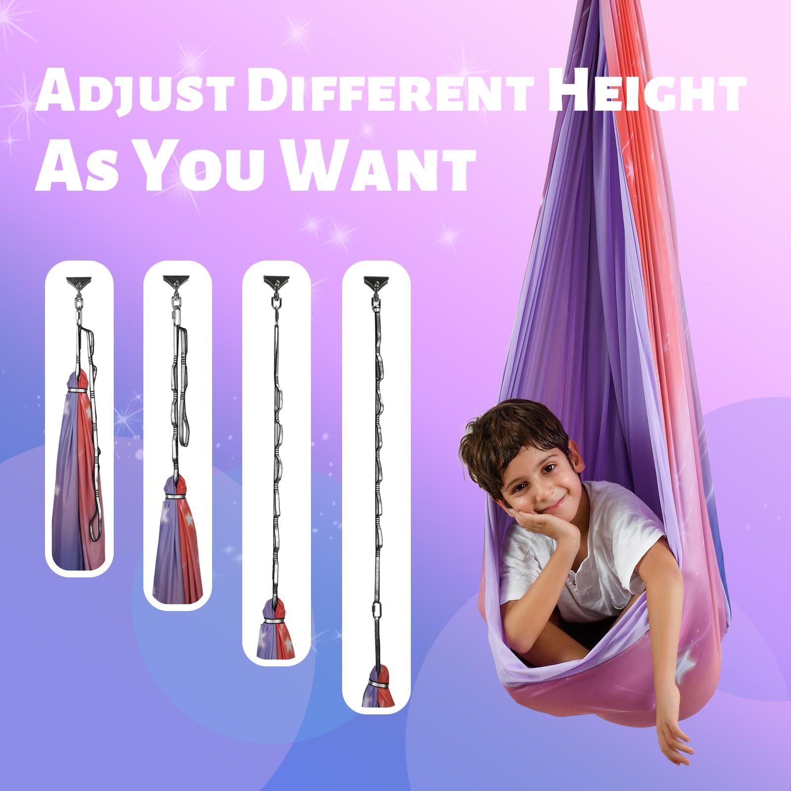 Suchdeco sensory swing supports kids and adults in playful, relaxing sessions.