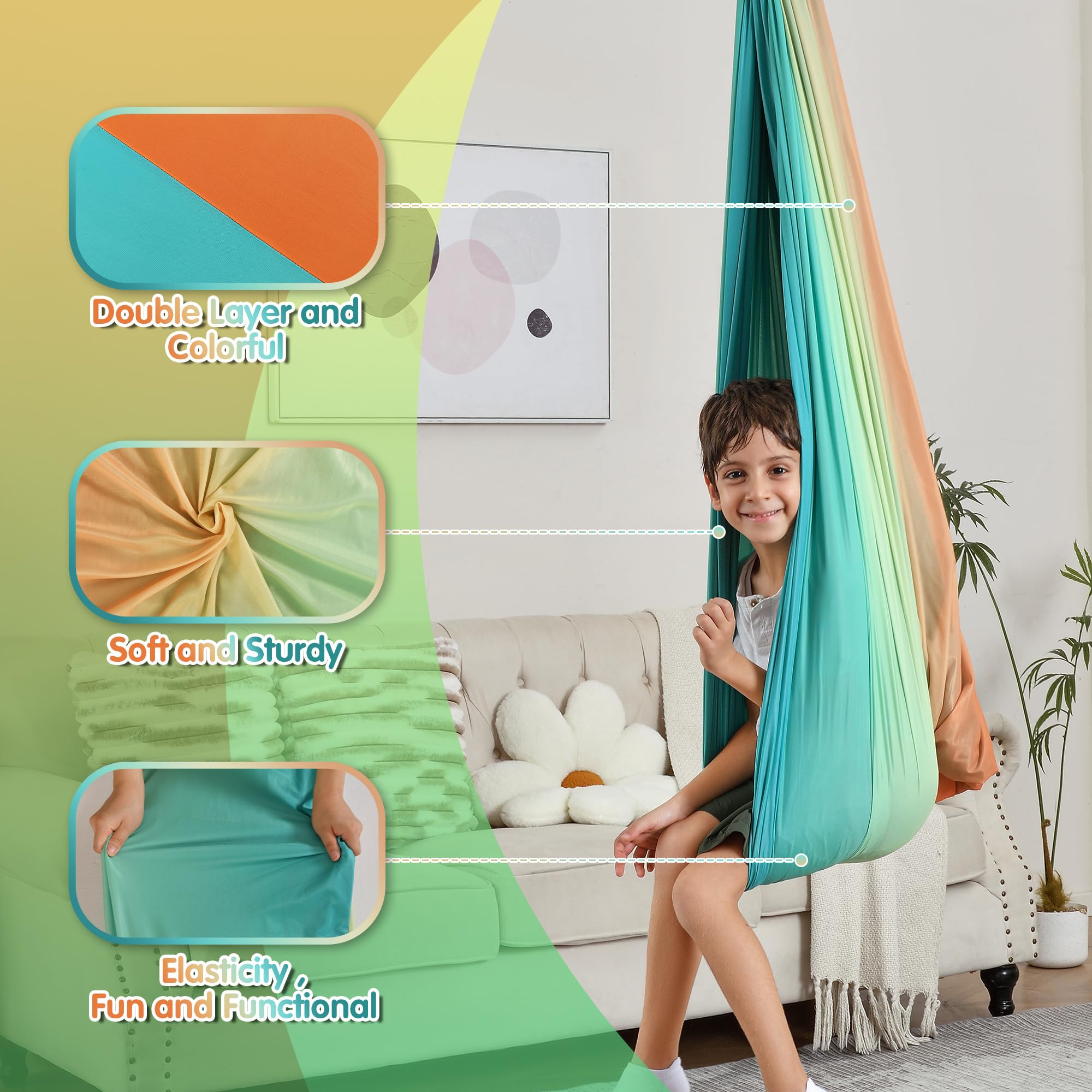Suchdeco Sensory Swing is machine washable and nonslip for safe fun.