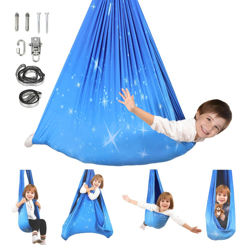 Suchdeco sensory swing star blue hanging for indoor use, inviting calm movement.