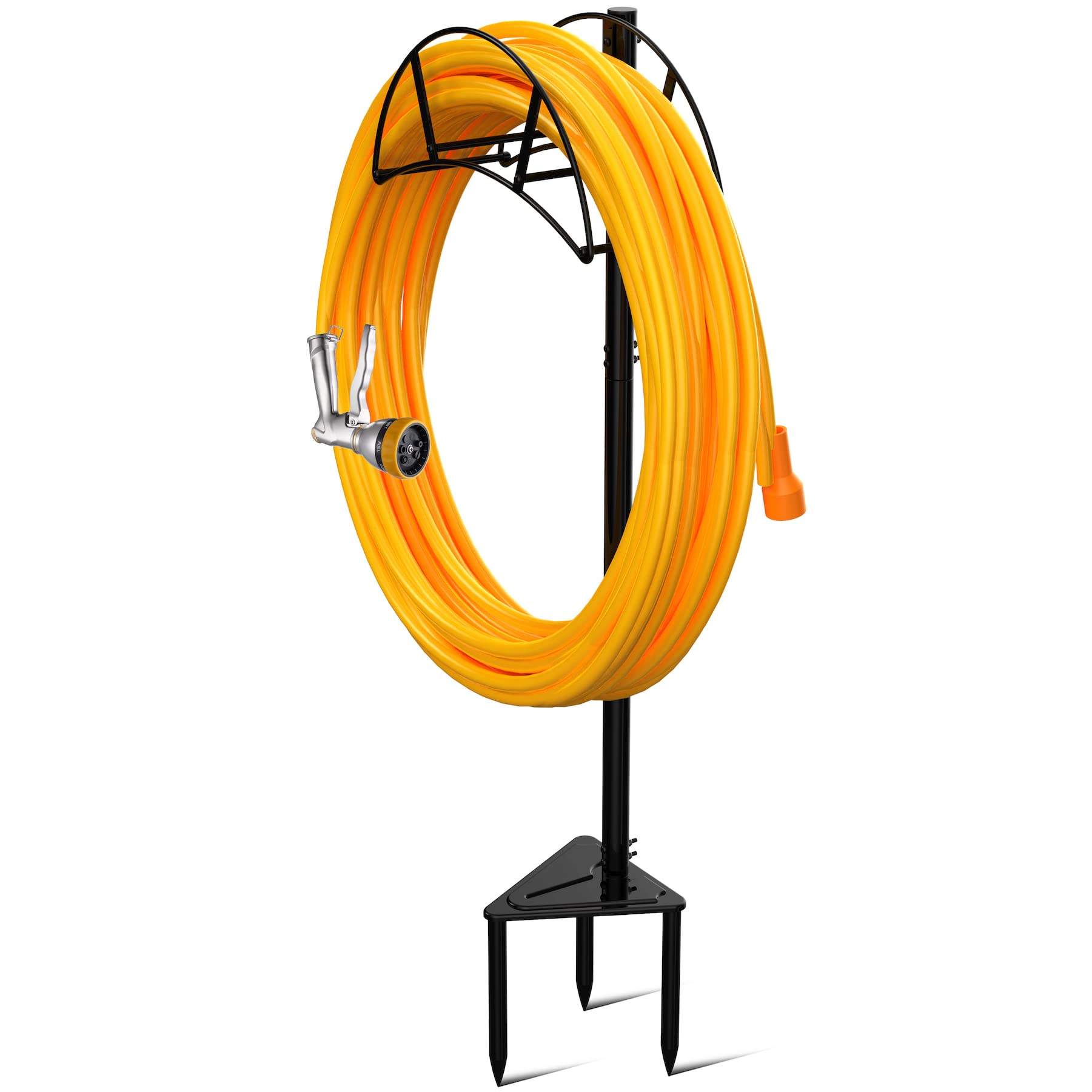 S SUCHEK hose holder standing outdoors, freestanding design keeps hoses organized.