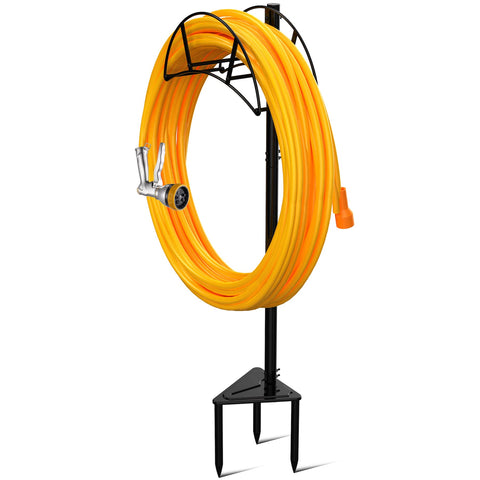 S SUCHEK hose holder standing outdoors, freestanding design keeps hoses organized.