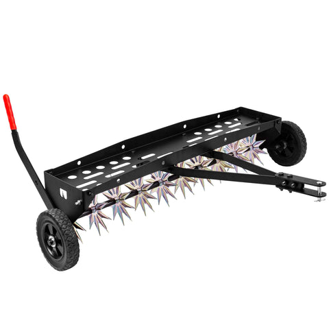 Suchtale 40-inch spike aerator front view highlights galvanized tines for deep soil penetration