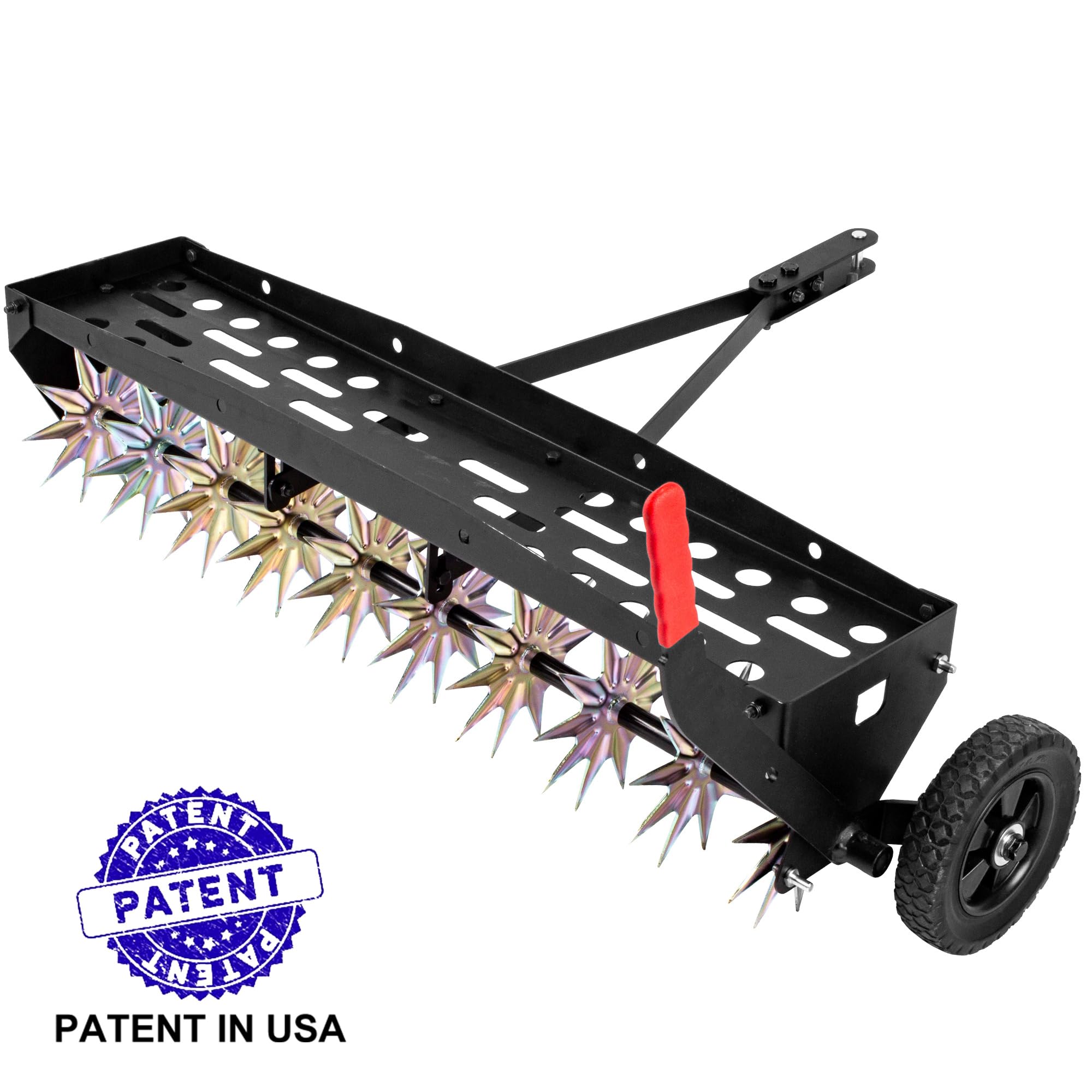 Suchtale 40-inch spike aerator side view shows extra-wide tow bar for stable tows