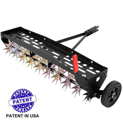 Suchtale 40-inch spike aerator side view shows extra-wide tow bar for stable tows