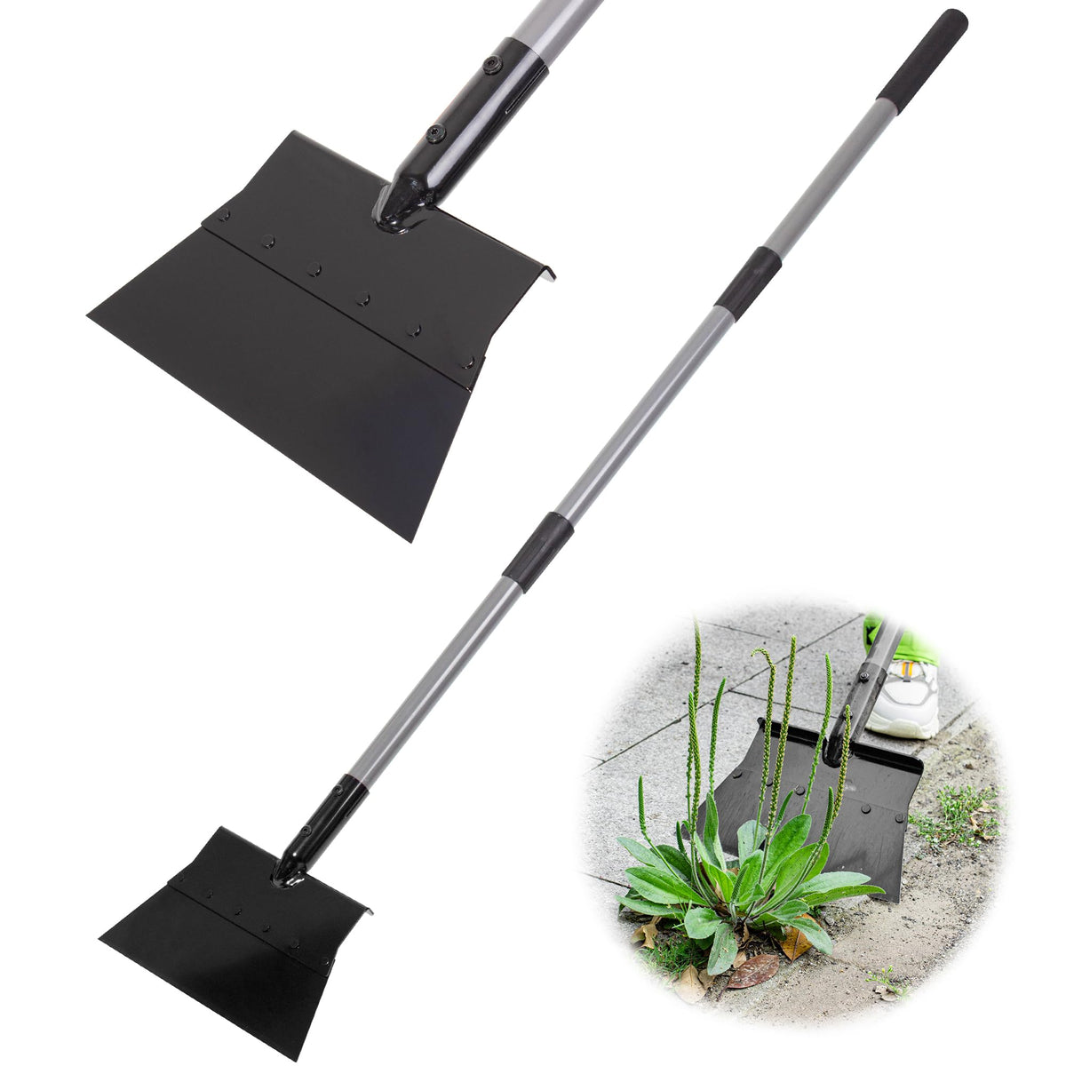 Suchtale garden flat shovel with 54-inch adjustable handle for comfortable weed removal.