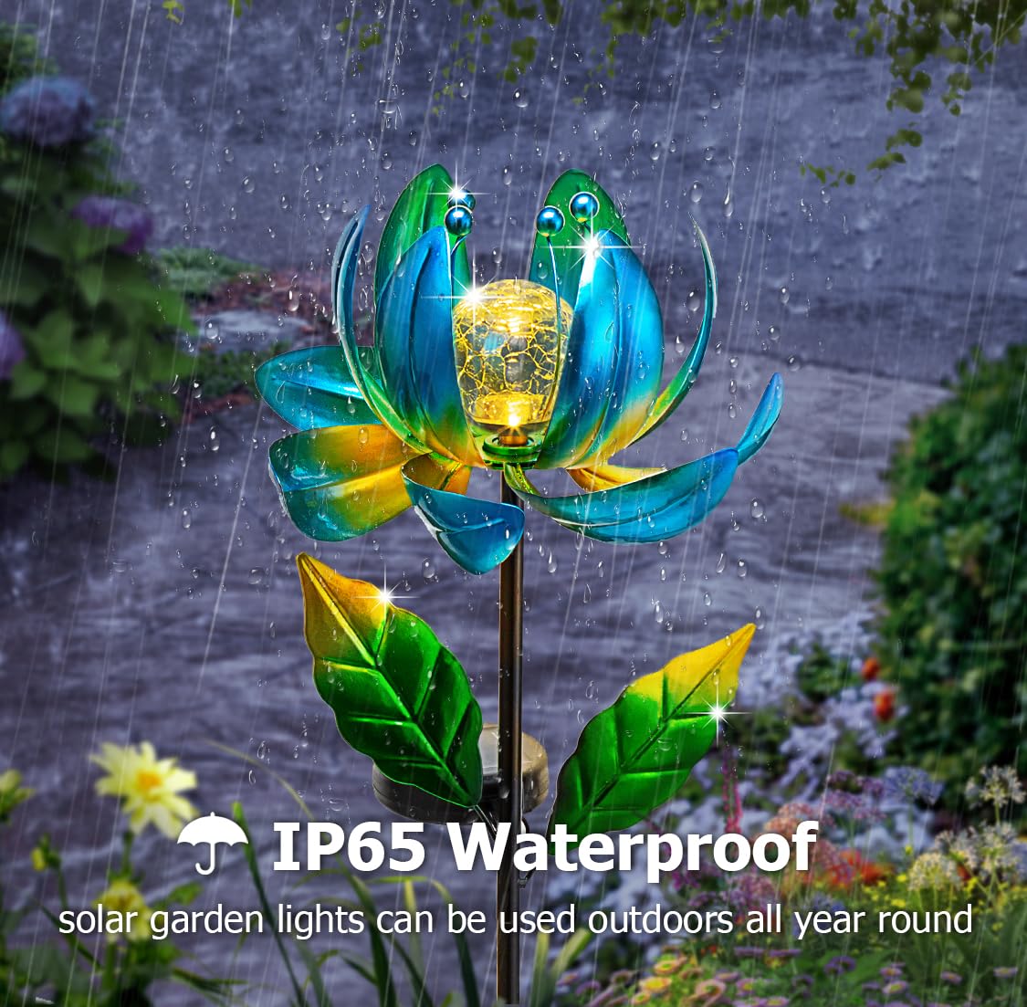 SUCUY 360-degree rotating petals wind spinner adds dynamic garden movement.