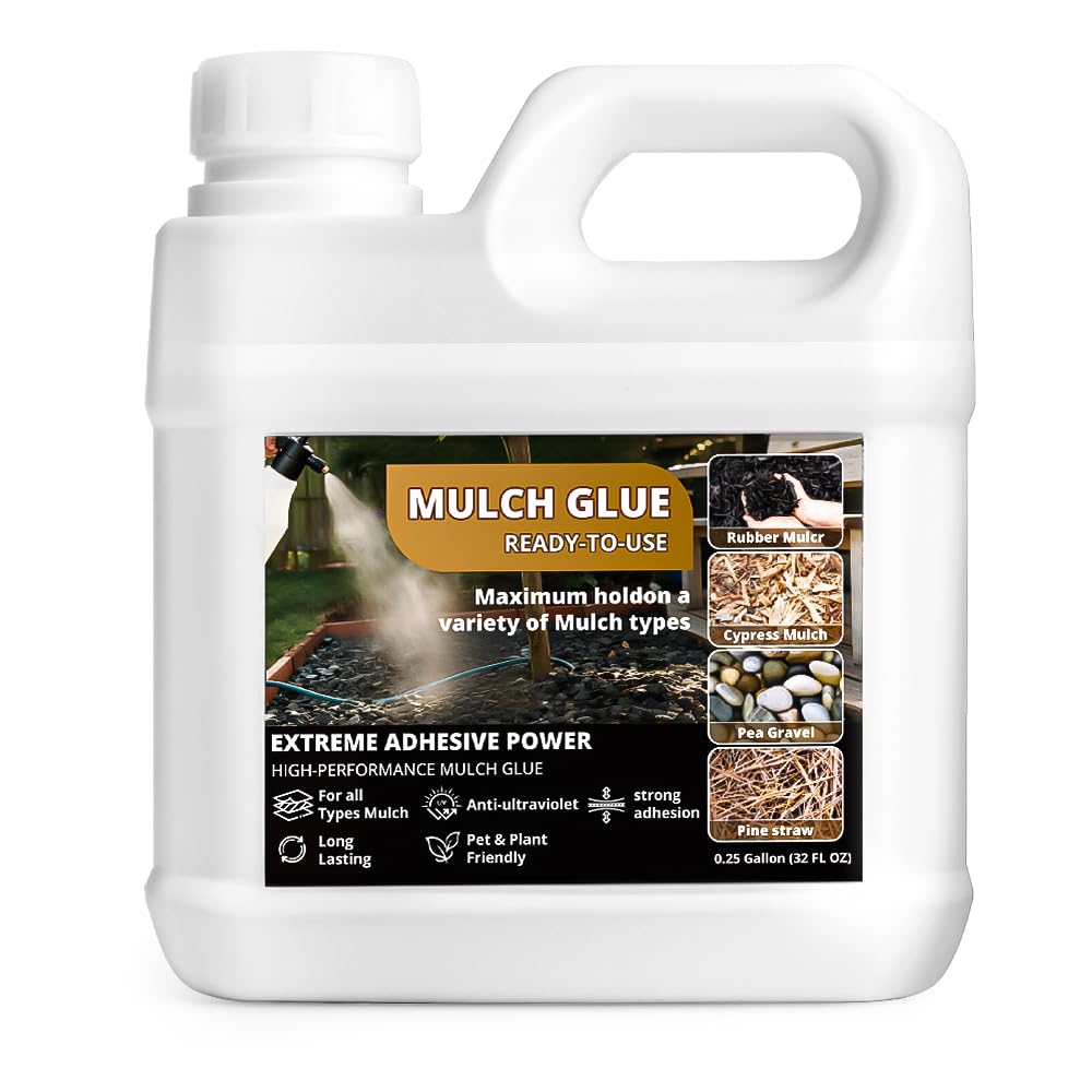 Sudale Mulch Glue bottle closeup shows a non-toxic binder for secure mulch beds.