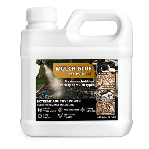 Sudale Mulch Glue bottle closeup shows a non-toxic binder for secure mulch beds.